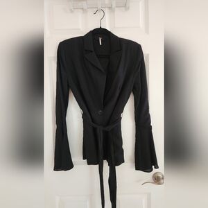 Free People Black Women's Blazer In Linen, with Belt